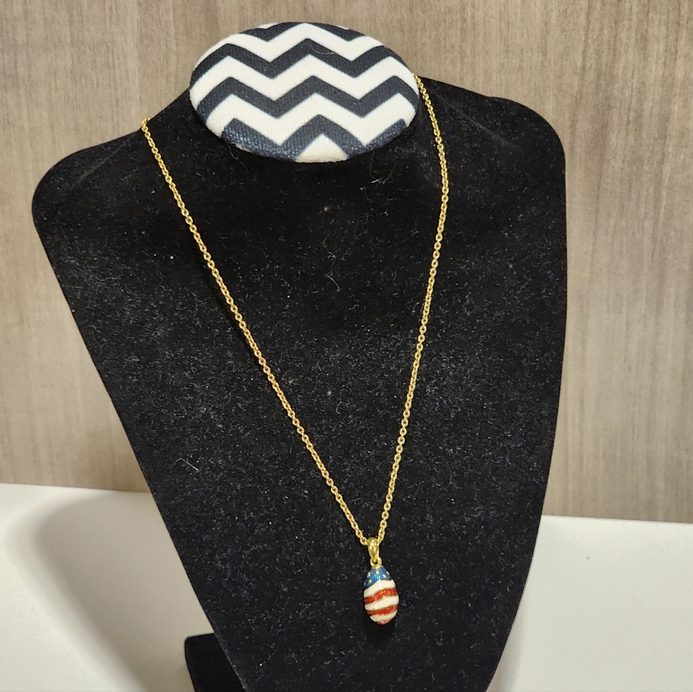 Joan Rivers Egg Pendant Necklace Gold Tone Enamel USA Flag Patriotic